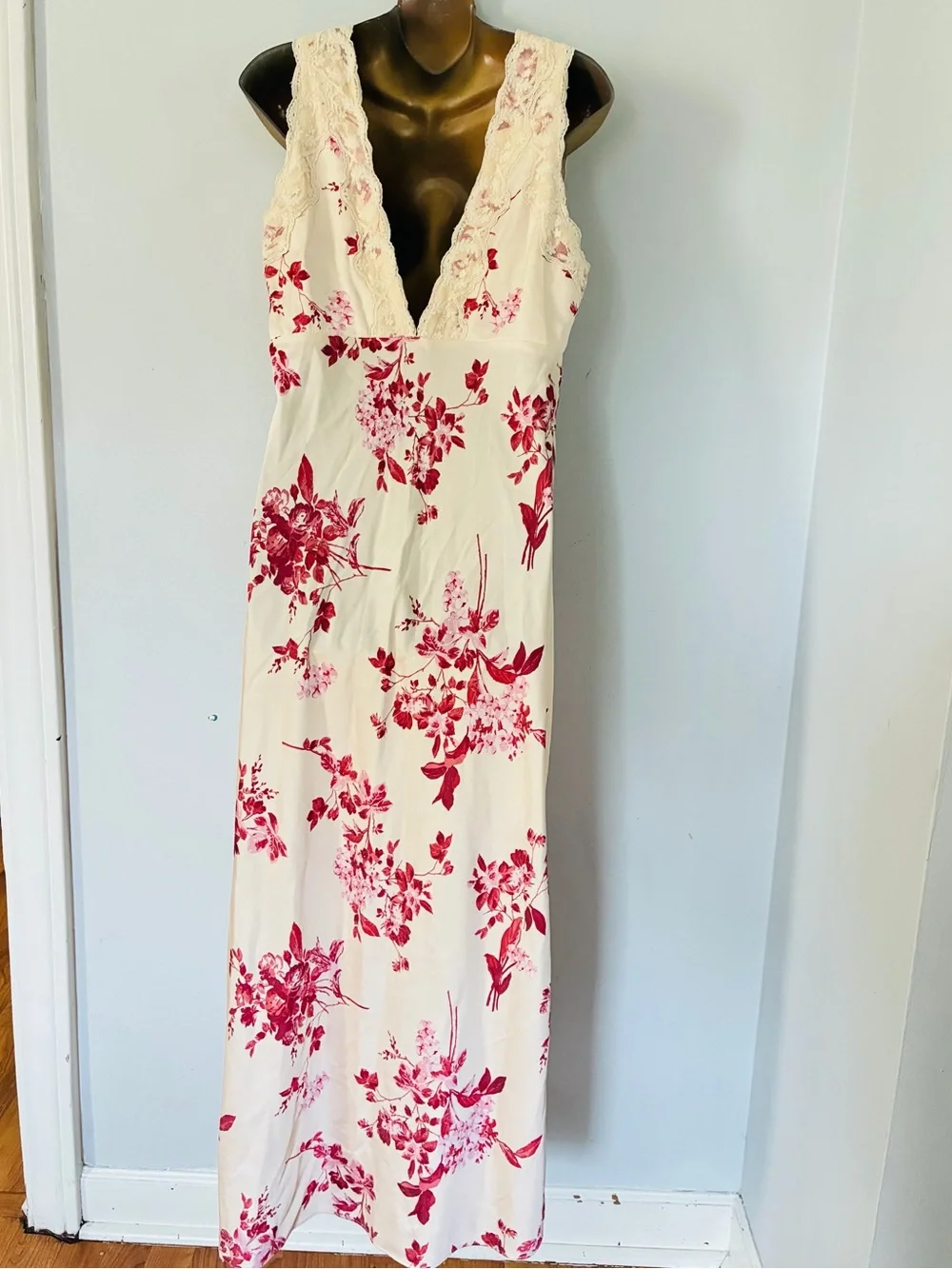 Abercrombie & Fitch Floral Lace Maxi Dress Cream Burgundy Romantic L Tall